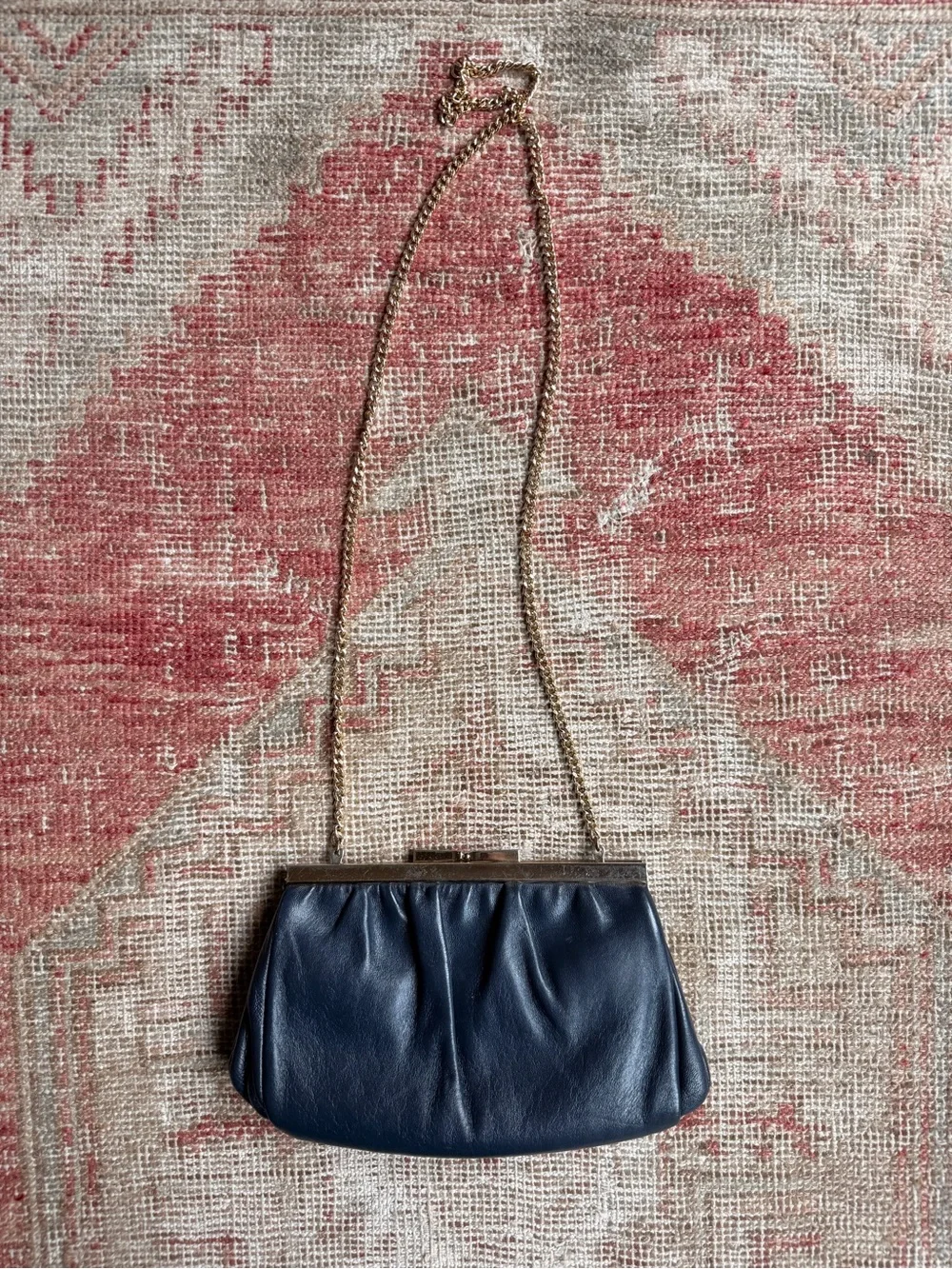 Vintage cocktail Navy Leather Chain-Strap Evening Clutch